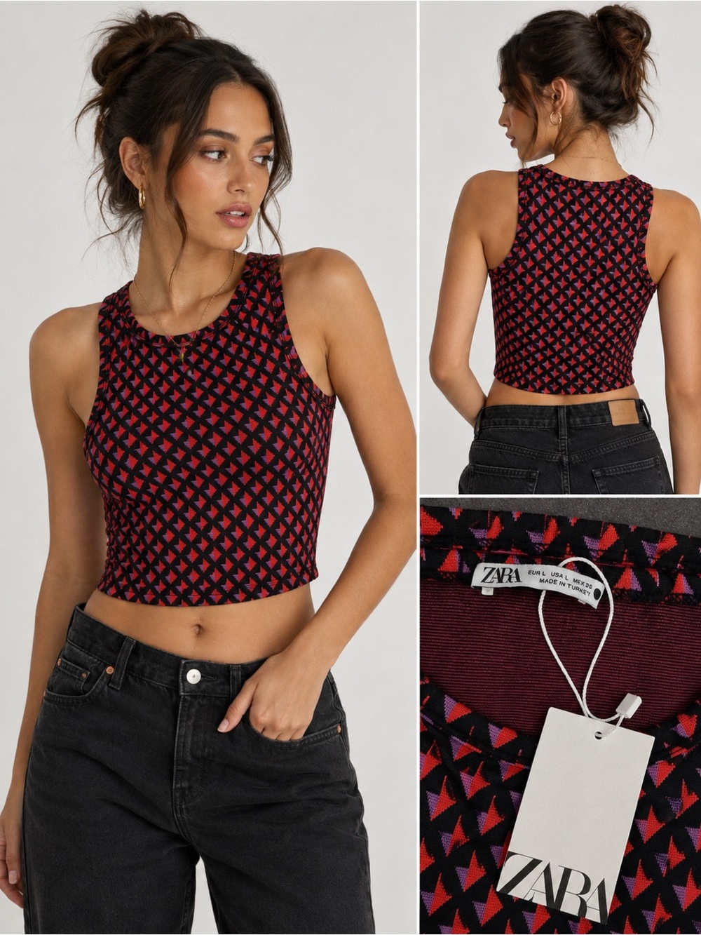 NWT Zara Geometric Print Crop Tank Top Red Black Sleeveless Stretch Size L
